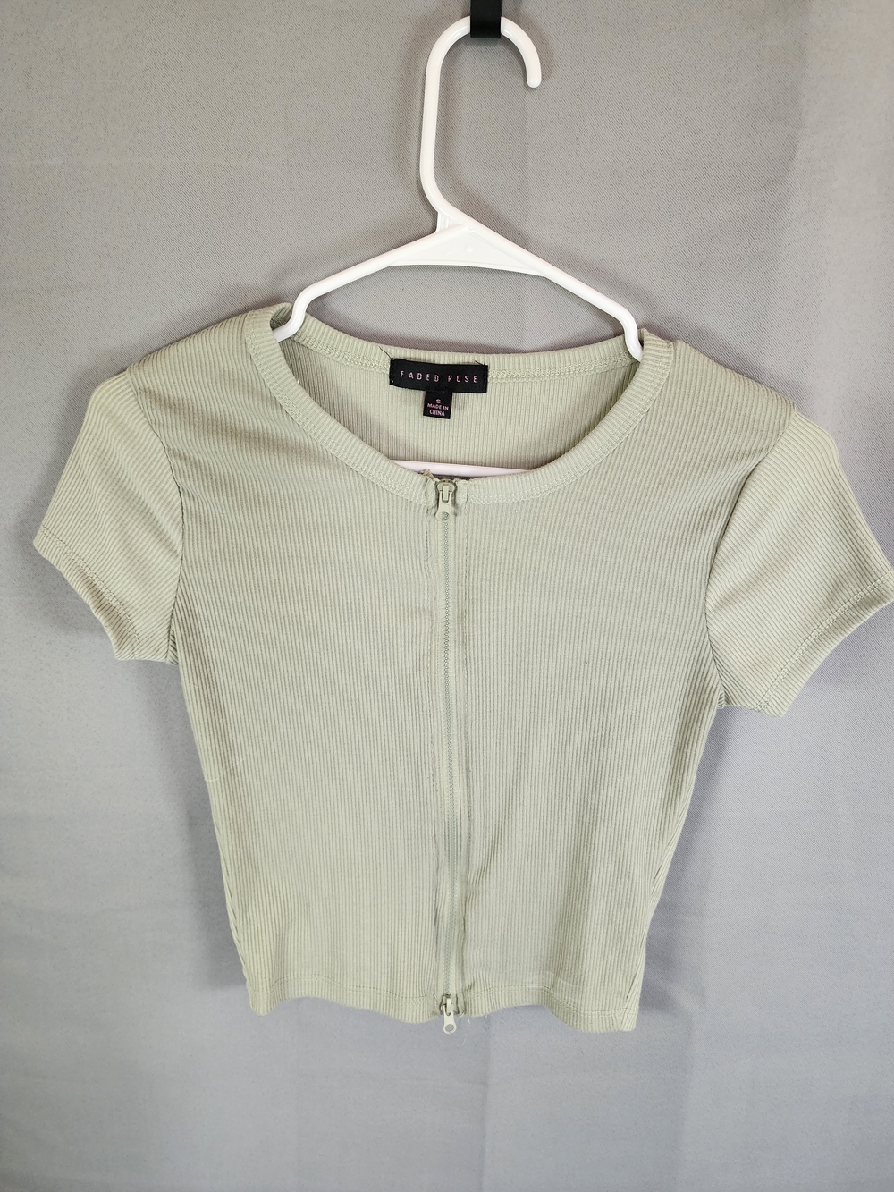 Faded Rose Sage Ribbed Zip-Front Short Sleeve Tee